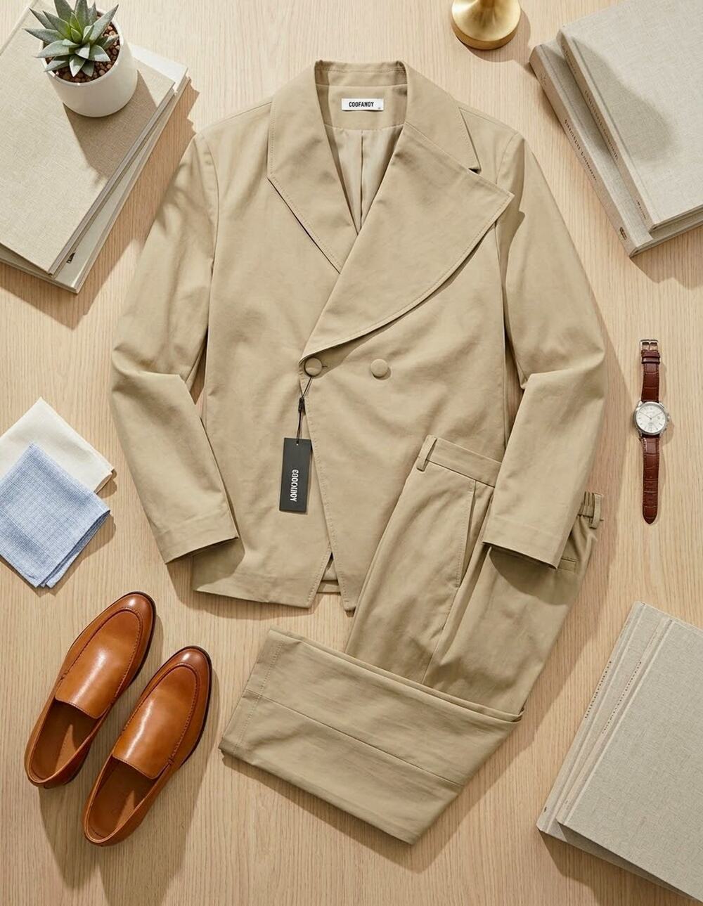 COOFANDY Men's Tan Cotton Blend 2-Piece Double-Breasted Suit XL Lined